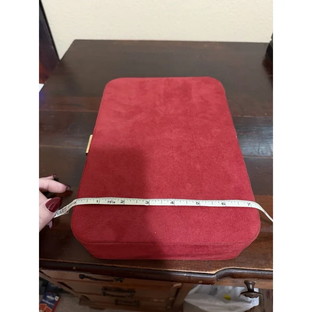 Vintage Red Jewelry Flat Box With Key & Inside Mirror